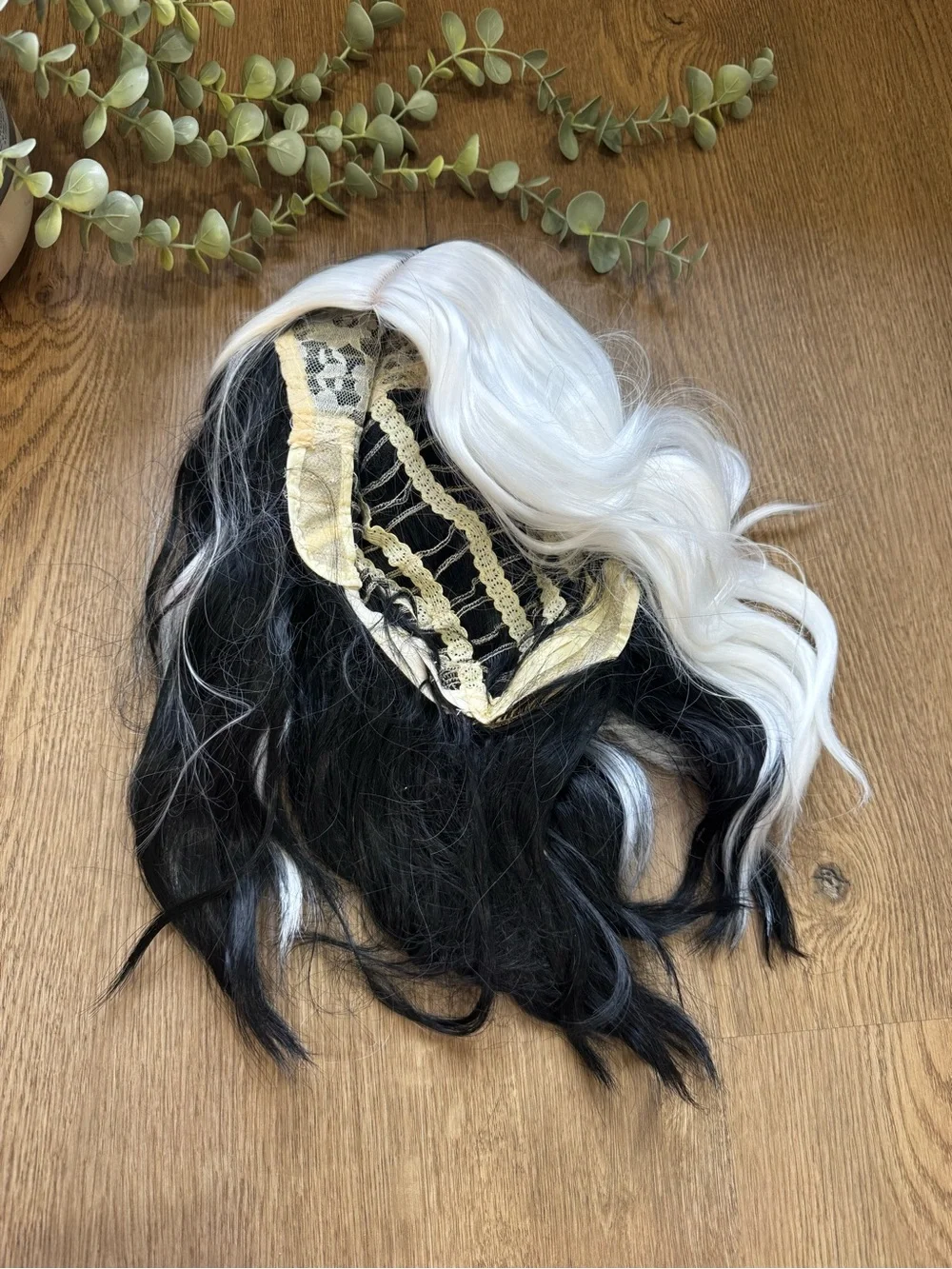 Cruella Inspired Black White Wig Long Wavy Halloween Costume